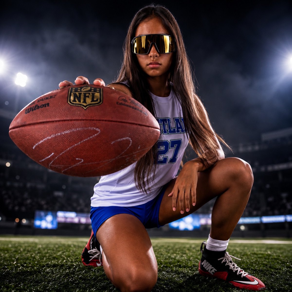 Kaylia Elsas holding a football toward the camera while wearing sport sunglasses